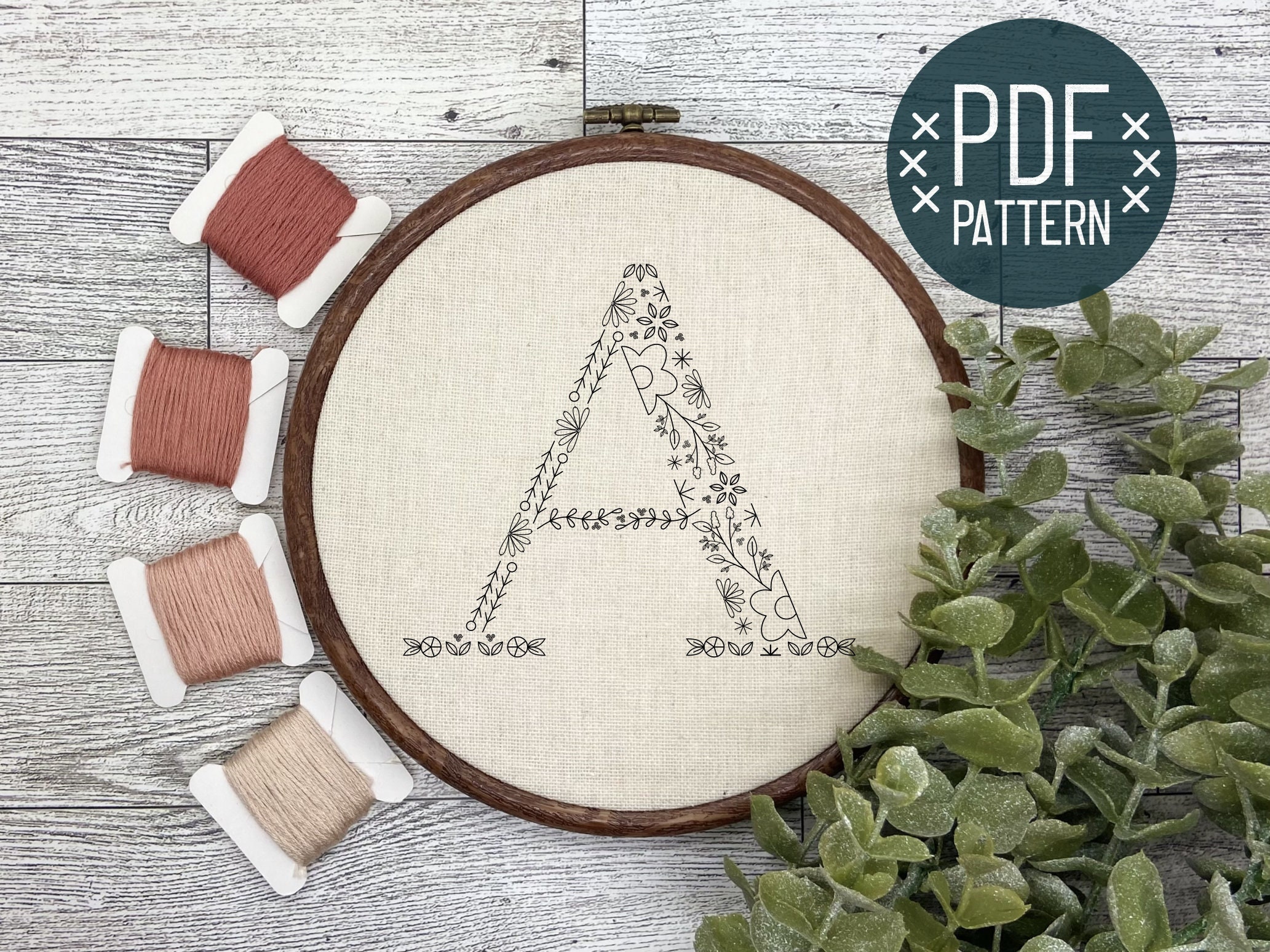 Floral Alphabet Letter A Hand Embroidery Pattern Design PDF Digital Download