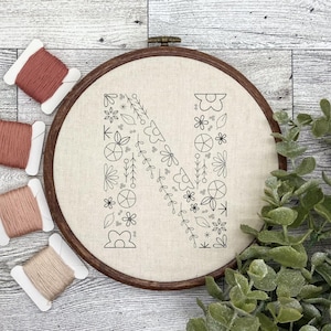 Floral Alphabet Letter N Hand Embroidery Pattern Design PDF Digital Download