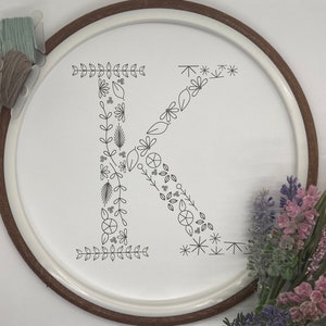 Floral Alphabet Letter K Initial Embroidery PDF Pattern, Instant Digital Download, Floral Monogram Embroidery for Beginners, Hand Embroidery