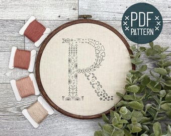 Floral Alphabet Letter R Initial Embroidery PDF Pattern, Instant Digital Download, Floral Monogram Embroidery for Beginners, Hand Embroidery
