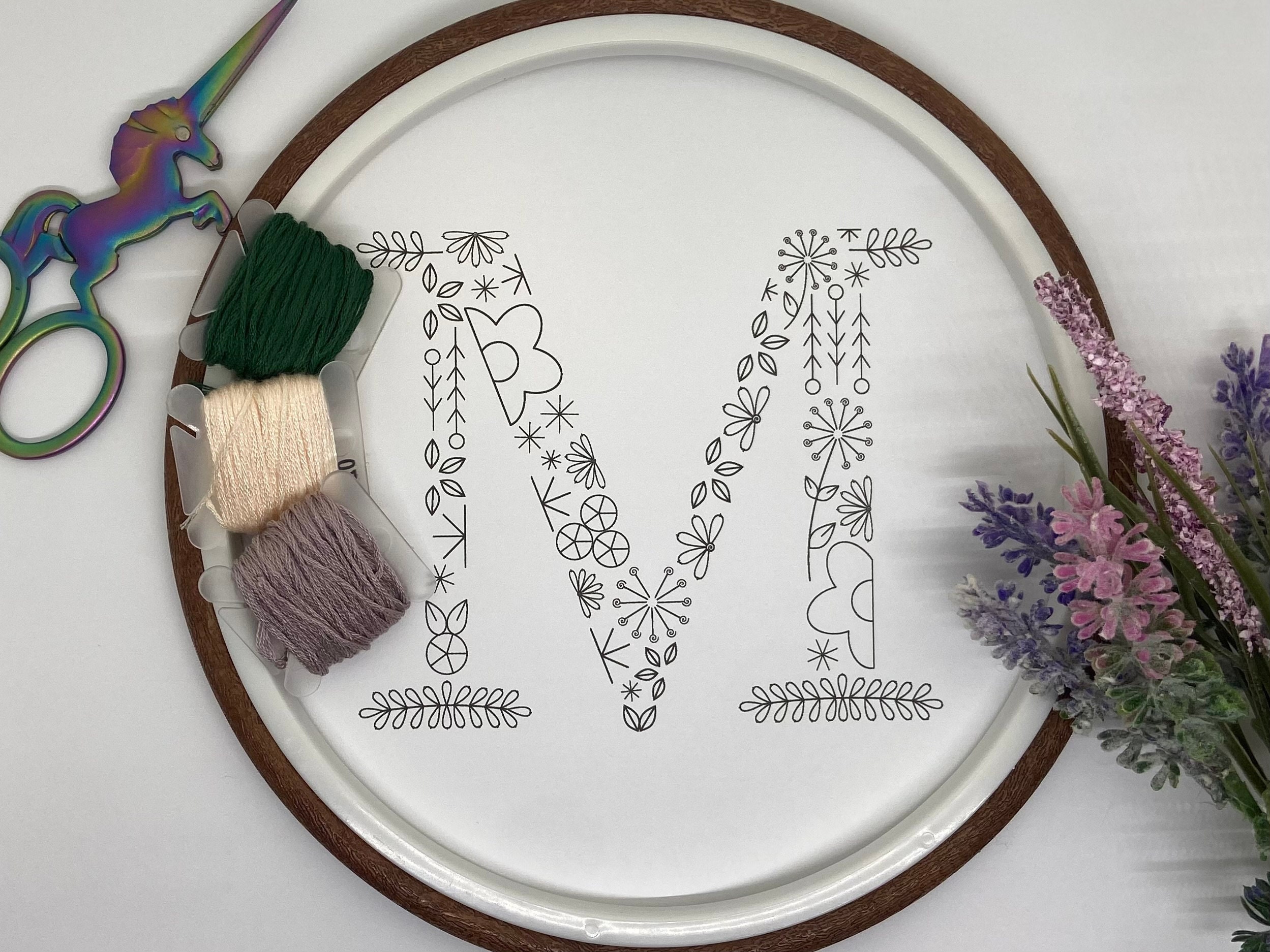 Embroidery Pattern | Alphabet Letter | Floral Initial M | PDF Digital Download