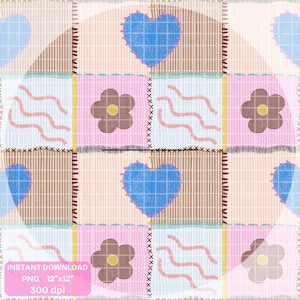 May include: A digital pattern featuring a grid of squares with blue hearts, brown flowers with yellow centers, and pink wavy lines. The design includes visible cross-stitch details and text that reads: INSTANT DOWNLOAD PNG 12"x12" 300 dpi.