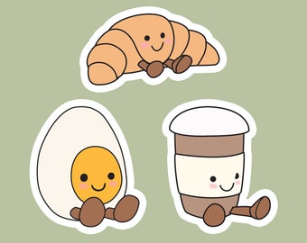 cute jellycat breakfast sticker pack, 3 funny meme stickers for girls who love stationary, gifts for girlfriend, egg coffee croissant lovers