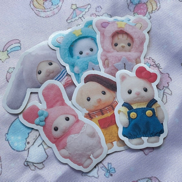cute sylvanian families sanrio sticker pack, 6 stickers for girls who love hello kitty, cinnamoroll and my melody, gifts for girlfriend