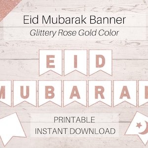 Eid Decoration for Home, Rose Gold Glitter Eid Mubarak Banner PDF Printable File Download, Eid Ramadan Gift, Eid Activity Ramadan Decoration