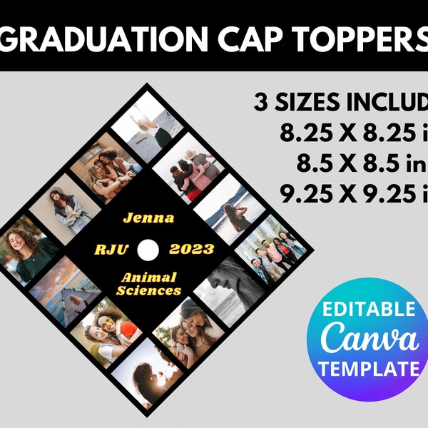 Topper per cappelli di laurea personalizzati, Topper per cappelli di laurea personalizzati con nome e foto, Topper per cappelli di laurea fai da te, Modello Canva modificabile