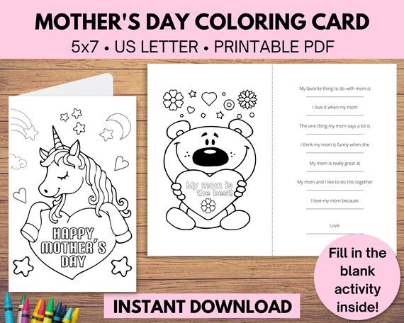Printable Unicorn Mother's Day Coloring Card for Mom - Etsy