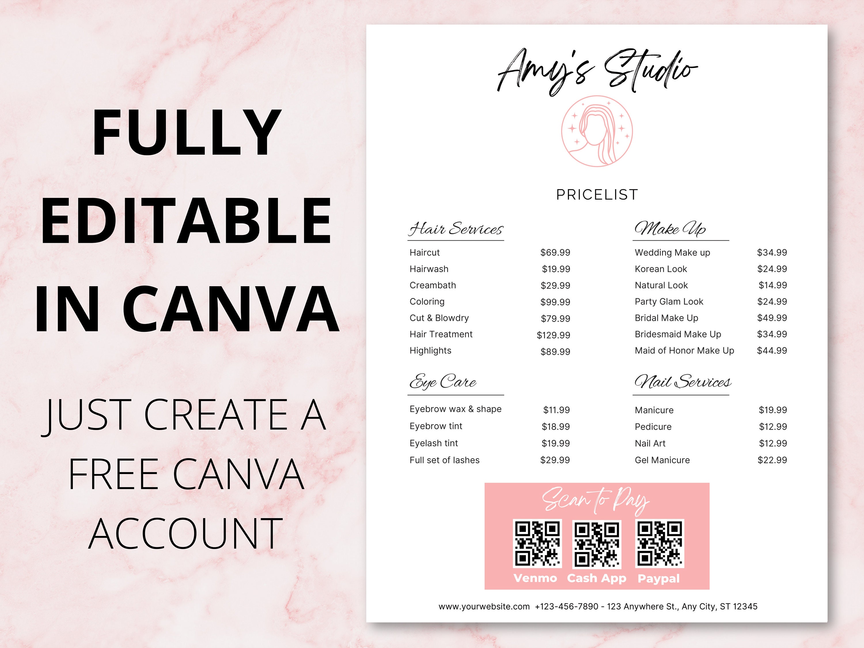 Editable Salon Price List Template, Printable Price Sheet, Price Guide