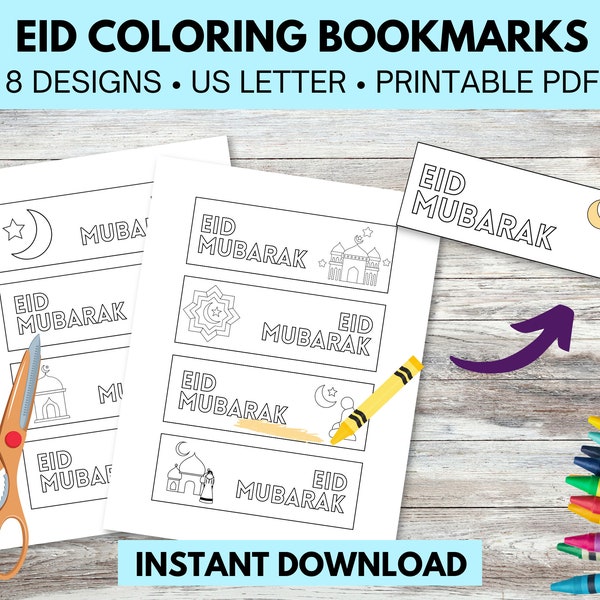 Eid Mubarak Coloring Bookmarks for Kids | Eid Activity for Kids | Eid Gift for Kids | Eid Goodie Bag Gift | 8 Different Coloring Bookmarks