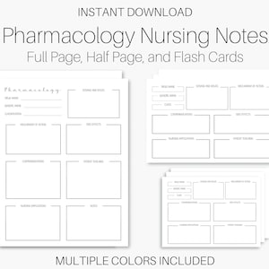 Może przedstawiać: Drukowane szablony notatek pielęgniarskich z zakresu farmakologii w kolorze czarno-białym. Szablony zawierają sekcje dla nazwy leku, nazwy generycznej, dawkowania i drogi podania, mechanizmu działania, działań niepożądanych, przeciwwskazań, edukacji pacjenta, implikacji pielęgniarskich i notatek. Szablony są dostępne w rozmiarach pełnej strony, pół strony i kart flash.