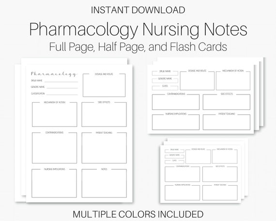 Nursing Notes Pharmacology Bundle Multiple Sizes and Colors | Nursing School Pharmacology Notes Template and Flash Cards Bundle