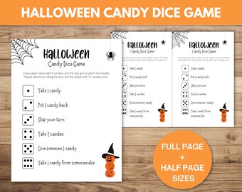 以下が含まれることがあります： 印刷可能なハロウィーンキャンディーダイスゲーム。遊び方についての説明付き。ゲームには、黒いクモの巣のデザインとカボチャのキャラクターが描かれています。ゲームのルールには、キャンディーを取る、キャンディーを戻す、ターンをスキップする、キャンディーを2つ取る、誰かにキャンディーを与える、誰かのキャンディーを取る、などが含まれています。