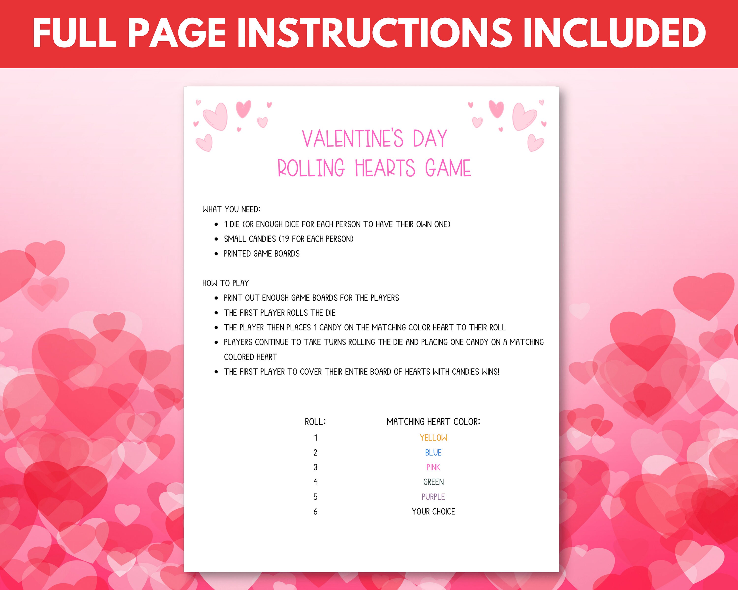 Valentine's Day Printable Kids Rolling Hearts Game, Candy Dice Game ...