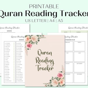 Quran Reading Tracker | US Letter, A4, A5 Sizes | Ramadan Quran Journal Pages | Printable Islamic Tracker | Ramadan Planner Journal Tracker
