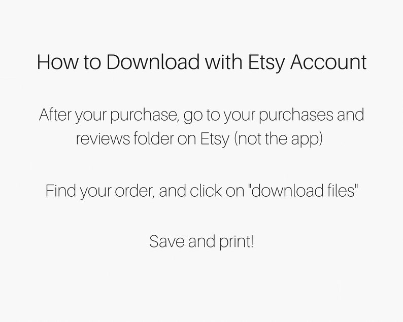 以下が含まれることがあります： Etsyアカウントを使用してEtsyからデジタル購入をダウンロードする方法に関するテキストベースの説明。この説明では、Etsyのウェブサイト（アプリではなく）の購入とレビューのフォルダにあるダウンロードファイルを見つける方法について説明しています。