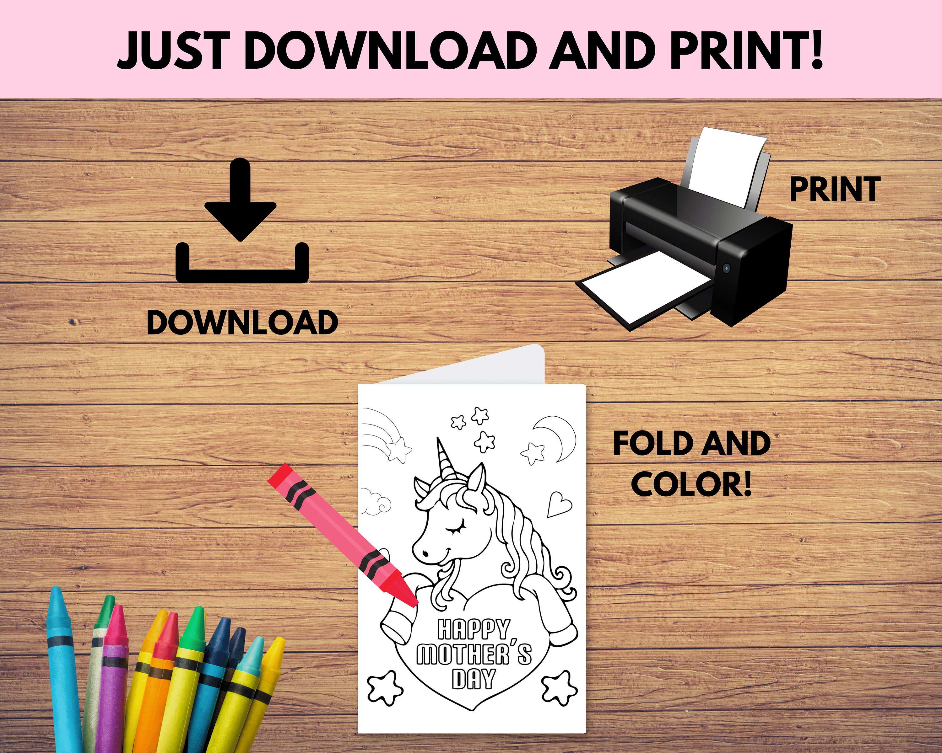 Printable Unicorn Mother's Day Coloring Card for Mom, Kid's Mother's ...