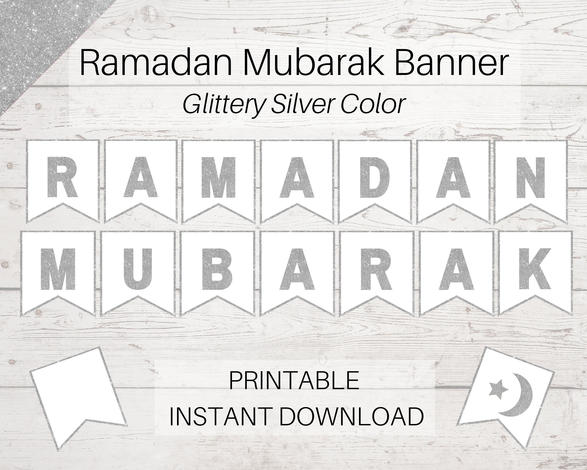 Ramadan Banner Decoration for Home, Silver Glitter Ramadan Mubarak Banner Decor PDF Printable File Download, Ramadan Gift, Ramadan Activity