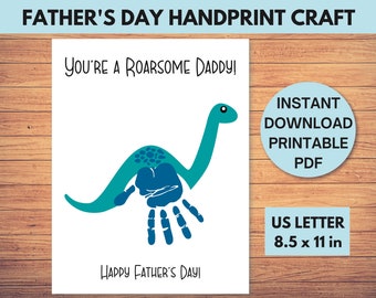 Printable Fathers Day Handprint Dinosaur Keepsake gift for Dad, Fathers Day Craft Activity, DIY Personalized keepsake Handprint Card for Dad