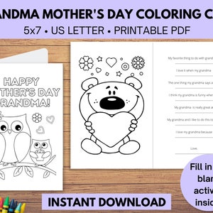 Tarjeta para colorear del Día de la Madre imprimible para la abuela, Tarjetas para colorear del Día de la Madre de la Abuela Nana, Regalo del Día de la Madre de la Abuela, Coloración de la Abuela