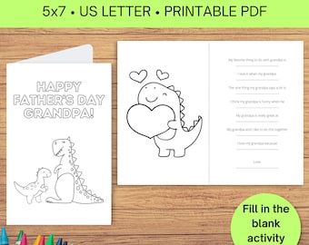 Tarjeta para colorear de dinosaurios del día del padre del abuelo imprimible, tarjetas para colorear del día del padre del abuelo de papá, regalo del día del padre del abuelo de los niños