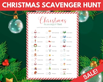 May include: A printable Christmas scavenger hunt checklist with a red and white striped border. The checklist includes items like Santa, reindeer, a snowman, a Christmas tree, and more. The text "Christmas Scavenger Hunt" is at the top of the checklist.