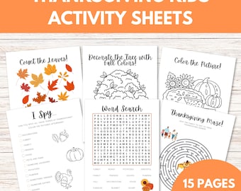 May include: A set of 15 printable Thanksgiving activity sheets for kids. The sheets include a word search, a maze, a count the leaves activity, a color the picture activity, and an I Spy activity. The sheets are black and white and feature Thanksgiving-themed images.