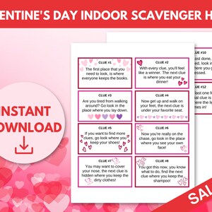 Valentine's Day Indoor Scavenger Hunt Game, Valentine's Day Game, Valentine's Day Treasure Hunt Activity for Kids, Scavenger Hunt Clues