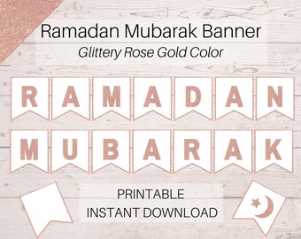 Ramadan Dekoration für Zuhause, Rose Gold Glitzer Ramadan Mubarak Banner PDF druckbare Datei Download, Ramadan Geschenk, Ramadan Aktivität