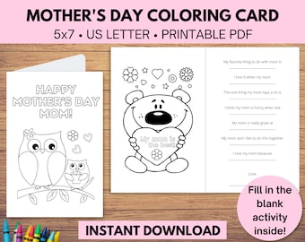 Printable Mother's Day Coloring Card for Mom, Kid's Mother's Day Coloring Cards, Mom Printable Card, Mother's Day Gift, Mom Coloring Pages