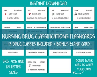 看護ノートの薬物分類フラッシュカード、薬理学ノートテンプレート、看護薬物カード、投薬カードテンプレート、薬理学シート