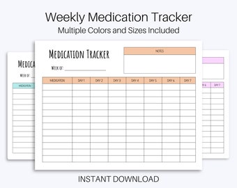 Può includere: Tracker settimanale di farmaci stampabile con un'intestazione color pesca e una sezione per le note. Il tracker ha colonne per i farmaci, dal giorno 1 al giorno 7, e una sezione per le note.