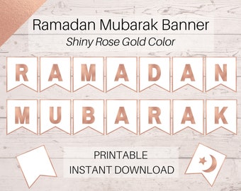 Ramadan Decoration for Home, Shiny Rose Gold Ramadan Mubarak Banner PDF Printable File Download, Ramadan Gift, Ramadan Activity