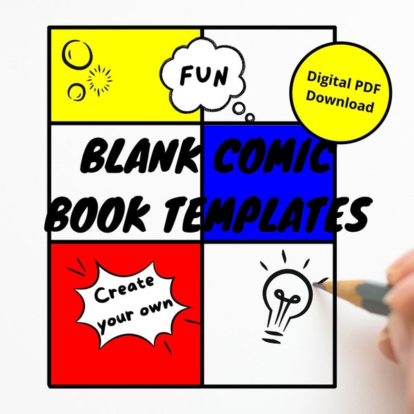 Blank Comic Book Templates, Digital PDF, Draw cartoons, Covers, Fun for kids, teens and adults, Create your own adventure, Speech Bubbles