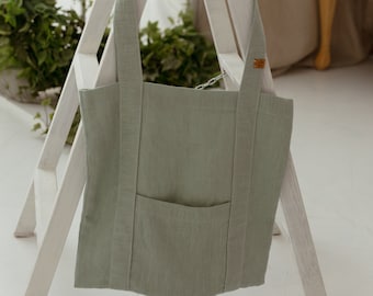 Linen shopping bag, linen bag, bag with pocket, beach bag