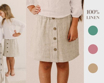 Linen girl skirt, girl gifts, linen girl clothing, Simple Skirt with buttons, boho skirt, 1 year old girl gift, green girl skirt, Midi Skirt