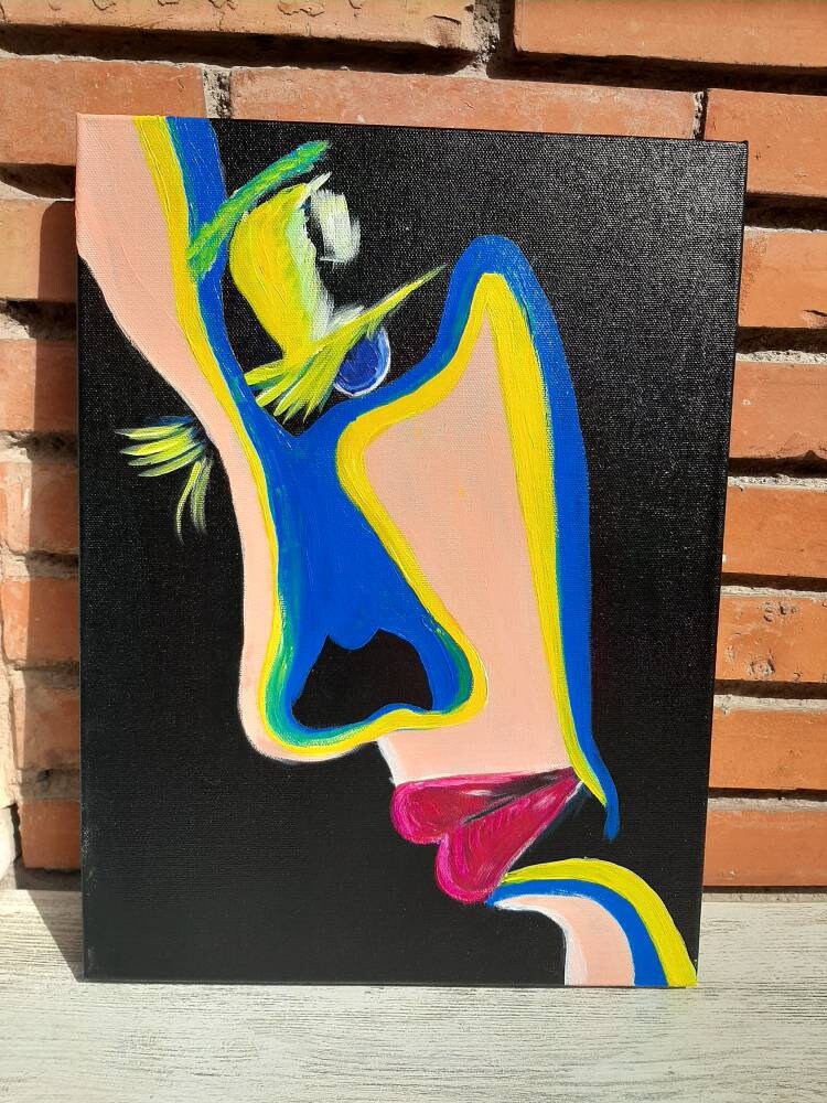 Pijn van Oekraïne. Oekraïense vrouw. Oekraïense vlag schilderij