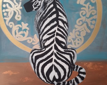 Abstracte schilderkunst. Populair. Pop-art. Het grote geheel. Modern. Muurdecoratie. Schilderij van dieren. Witte tijger. Acrylkunst. Met de hand