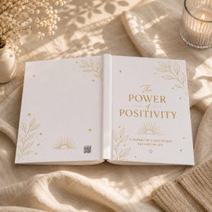 May include: A white hardcover journal titled The Power of Positivity: A Journal for a Positive Mind and a Better Life. The cover features gold foil botanical illustrations, sunburst motifs, and small stars. A small QR code is printed on the back cover.