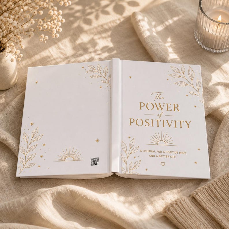 May include: A white hardcover journal titled The Power of Positivity: A Journal for a Positive Mind and a Better Life. The cover features gold foil botanical illustrations, sunburst motifs, and small stars. A small QR code is printed on the back cover.