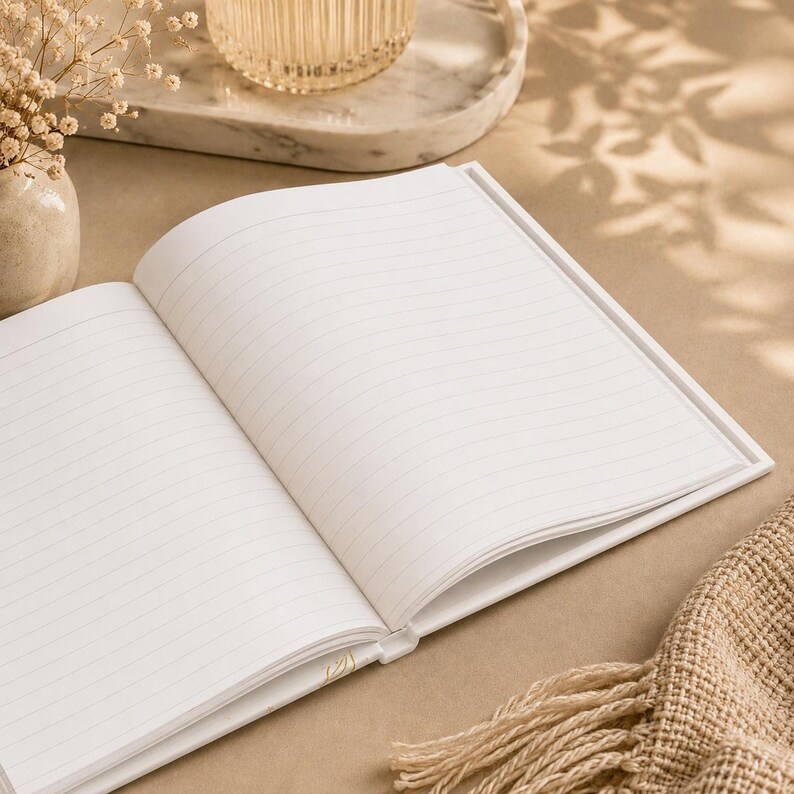 May include: An open notebook with white pages featuring thin, horizontal gray lines. The notebook is positioned on a flat surface, displaying two blank, lined pages ready for writing. The paper is clean and bright, providing a clear space for notes.
