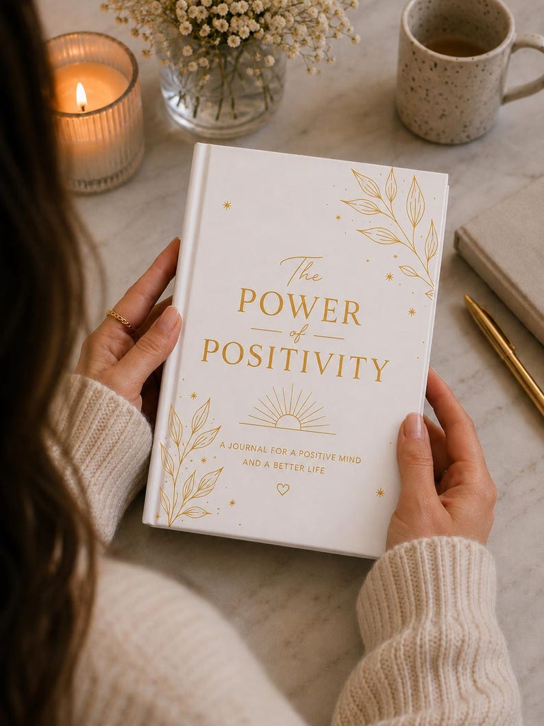 May include: A white hardcover journal with gold foil lettering that reads The POWER of POSITIVITY, A JOURNAL FOR A POSITIVE MIND AND A BETTER LIFE. The cover features gold line art of leaves, a sunburst, stars, and a small heart icon.
