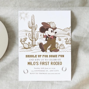 Modello di invito per il primo compleanno a tema rodeo, festa a tema cowboy di Topolino, compleanno a tema rodeo, compleanno a tema cowboy western selvaggio West, modificabile