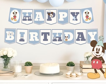 Pancarta de cumpleaños azul de Mickey Mouse, decoración para fiestas Disney (descarga digital)