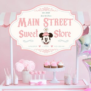 Minnie Sweet Store Geburtstagsschild, Main Street Sweet Shop, Candyland Geburtstags-Themaparty, digitaler Download