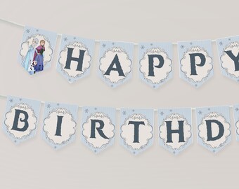 アナと雪の女王 ハッピーバースデーバナー、アイスプリンセス パーティーデコレーション（印刷可能）