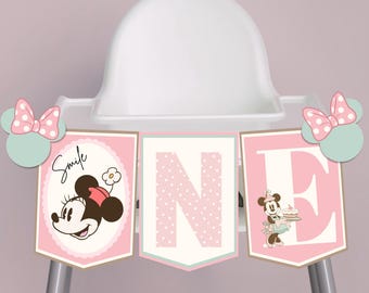 Minnie Mouse eerste verjaardag kinderstoel banner, roze banner, Minnie verjaardagsfeestje decor, meisje 1e verjaardag Smashcake | Digitale download