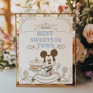 Mickey Mouse gunstbord | Afdrukbaar Best Sweets In Town-tafelbord | Lief verjaardagsfeestje decor | Minnie-thema direct downloaden