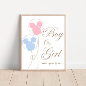 Boy or Girl Please Wear Your Guess Sign, Blue or Pink Gender Reveal Party Signs, Mickey Minnie Theme Party,  Digital