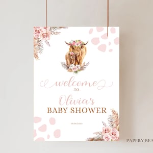 Holy Cow Baby Shower Welcome Sign, Pink Girl Highland Cow Baby Shower Welcome Banner, Highland Flowers, Digital Download