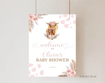 Rosa höglandskon babyshower-välkomstskylt (digital nedladdning)